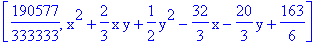 [190577/333333, x^2+2/3*x*y+1/2*y^2-32/3*x-20/3*y+163/6]